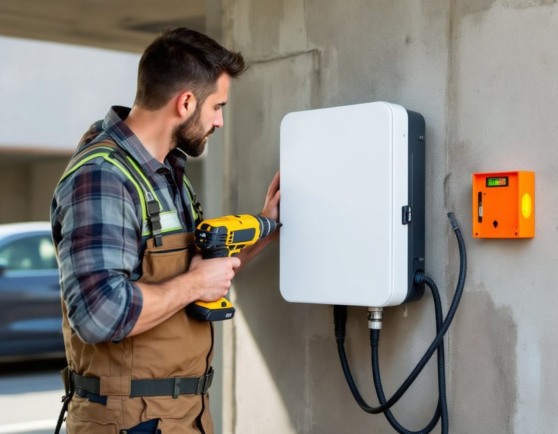 Électricien qui fixe une borne de recharge sur un mur de parking