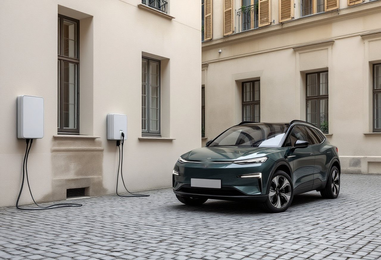 Voiture électrique garée dans la cour pavée d'un immeuble lyonnais, bornes de recharge murales au pied de la façade