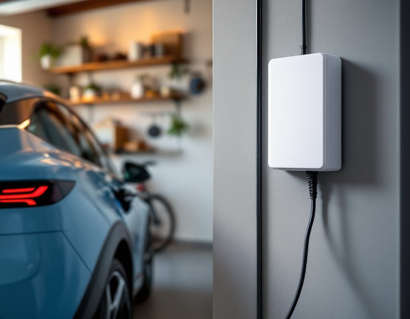 Wallbox murale dans le garage d'une maison, câble branché sur une voiture